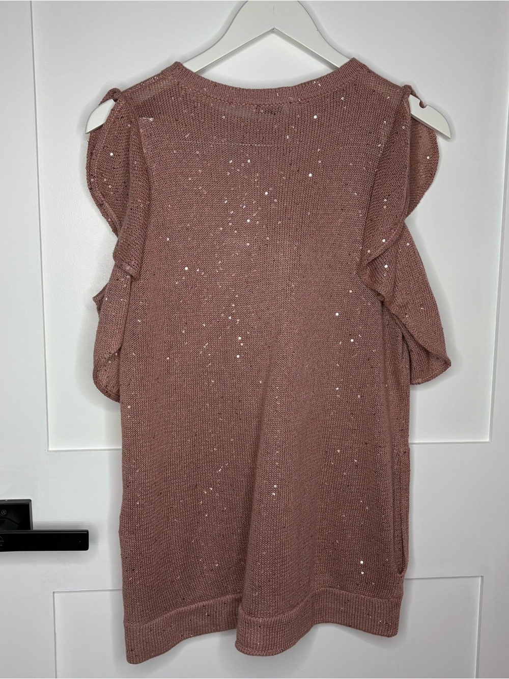Brunello Cucinelli Dusty Rose Sequin Knit Ruffle-Sleeve Top